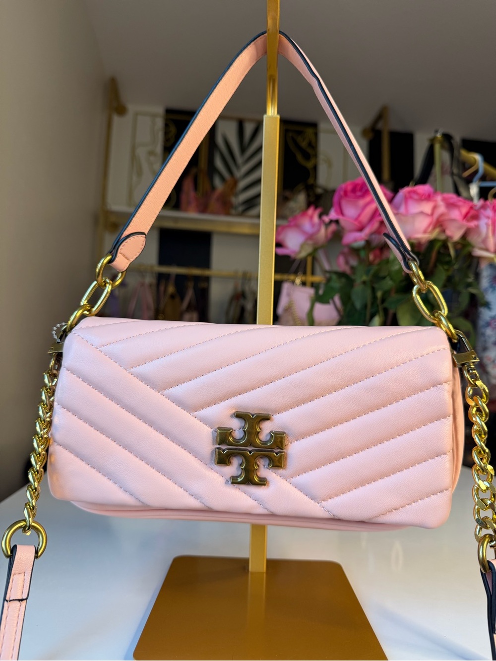 Tory Burch Kira Chevron Small Flap Pink Gold Shoulder Bag Logo 💕🛍️